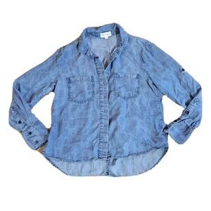 Cloth & Stone Top Shirt Womens Medium Blue Chambray Denim Southwest Aztec Casual